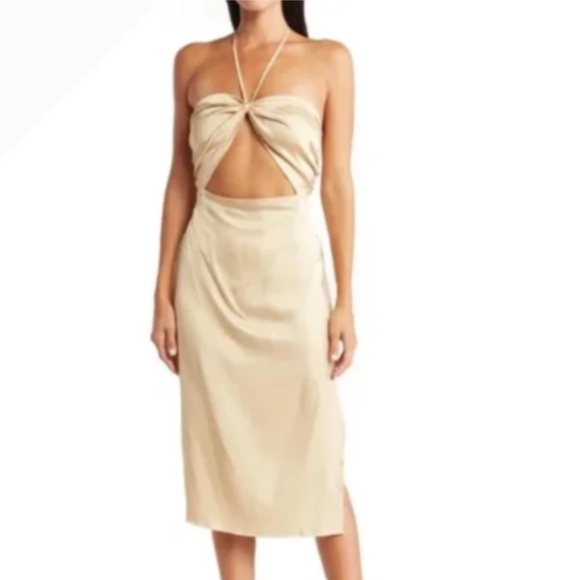 Danielle Bernstein Halter Cutout Gold Satin Dress - size XS - Picture 1 of 4